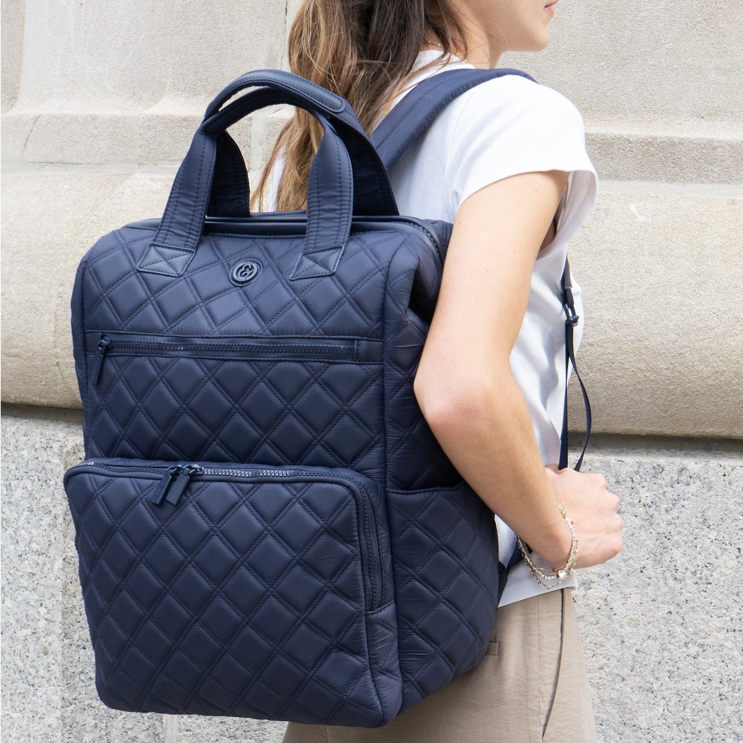 Joan & David Diamond Quilted Puffer Nylon Square Laptop Backpack