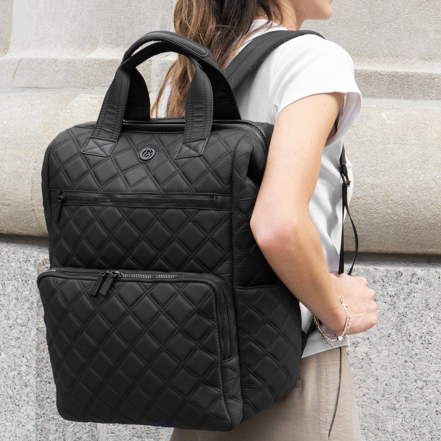 Joan & David Diamond Quilted Puffer Nylon Square Laptop Backpack
