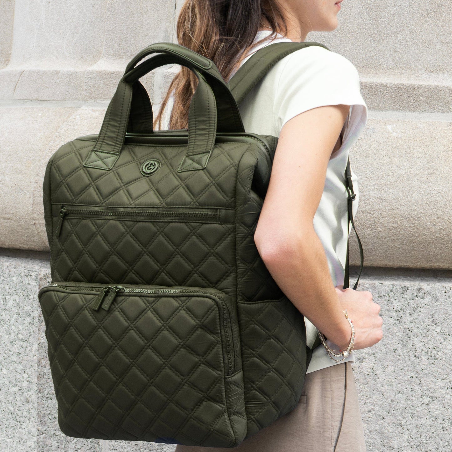 Joan & David Diamond Quilted Puffer Nylon Square Laptop Backpack