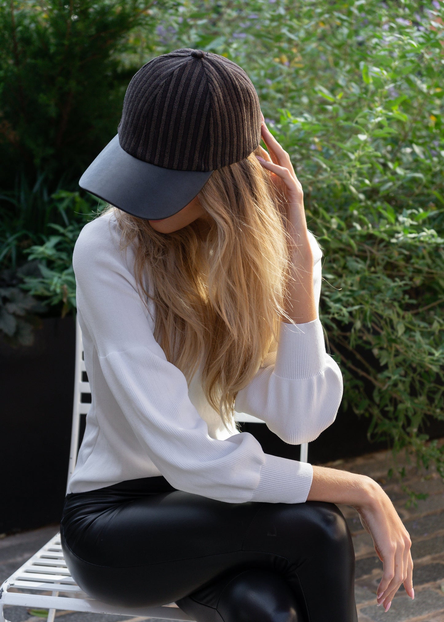 Magid Striped Felt Faux Leather Brim Baseball Cap