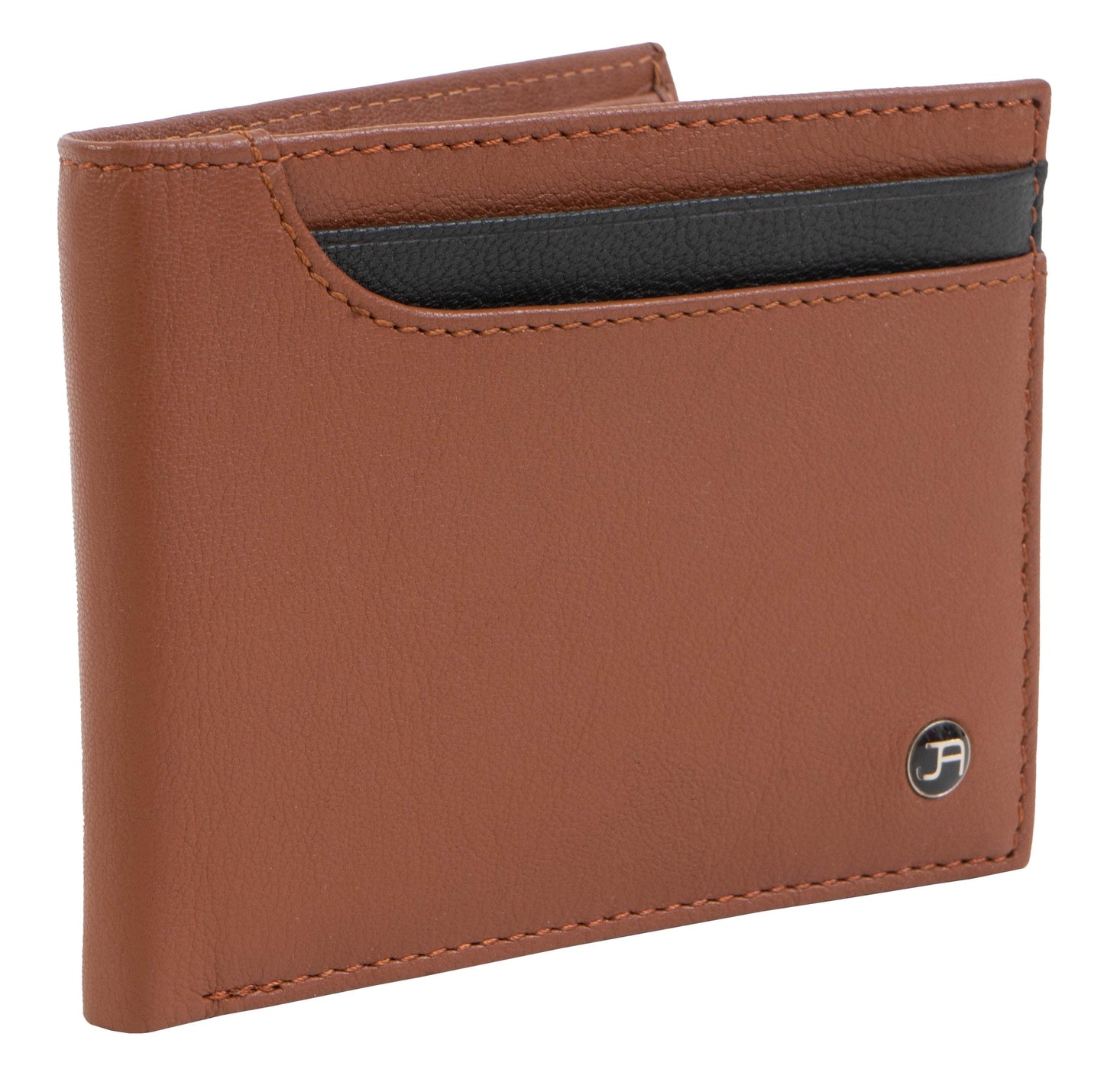 Jack Abrahams Goat Nappa Leather Bi-Fold Top Front Wallet- Cognac/Black
