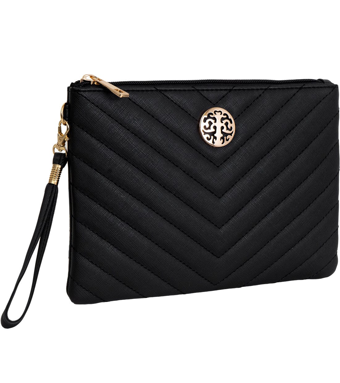 Rebecca & Rifka Saffiano Chevron Quilted Medallion Zip Wristlet