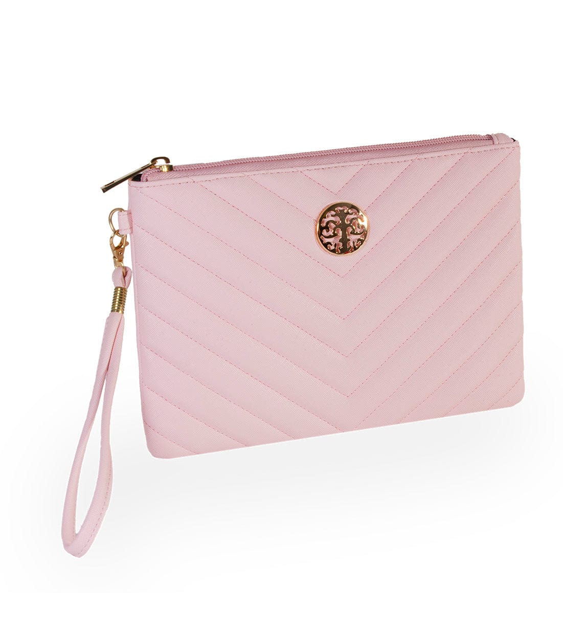 Rebecca & Rifka Saffiano Chevron Quilted Medallion Zip Wristlet