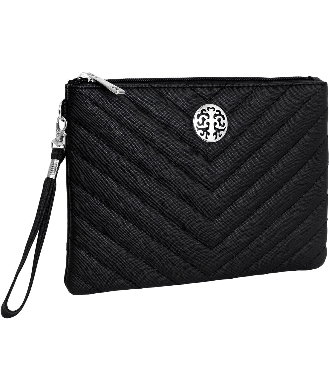 Rebecca & Rifka Saffiano Chevron Quilted Medallion Zip Wristlet