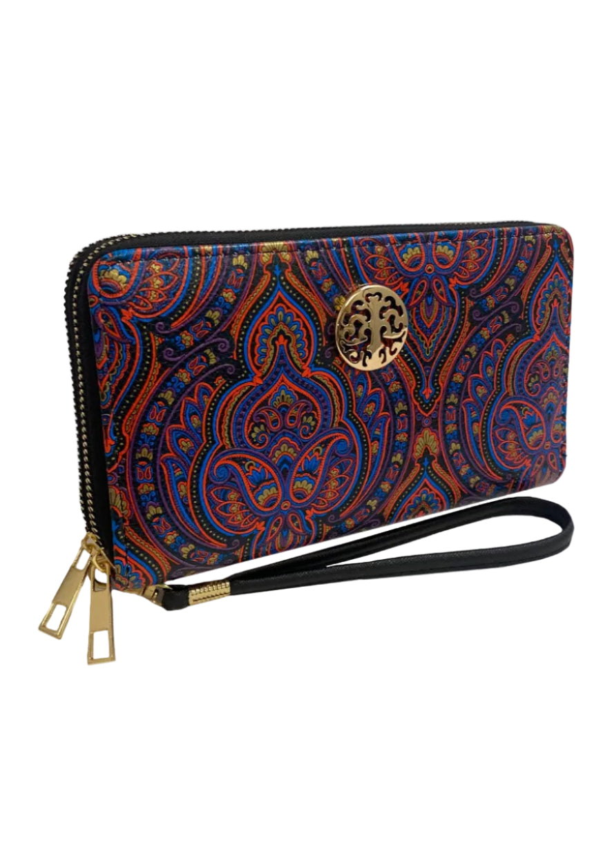 Rebecca & Rifka Paisley Print Medallion Double Zip Wristlet Wallet