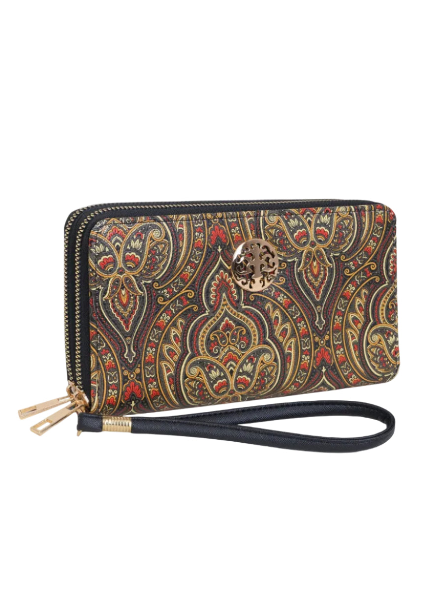 Rebecca & Rifka Paisley Print Medallion Double Zip Wristlet Wallet