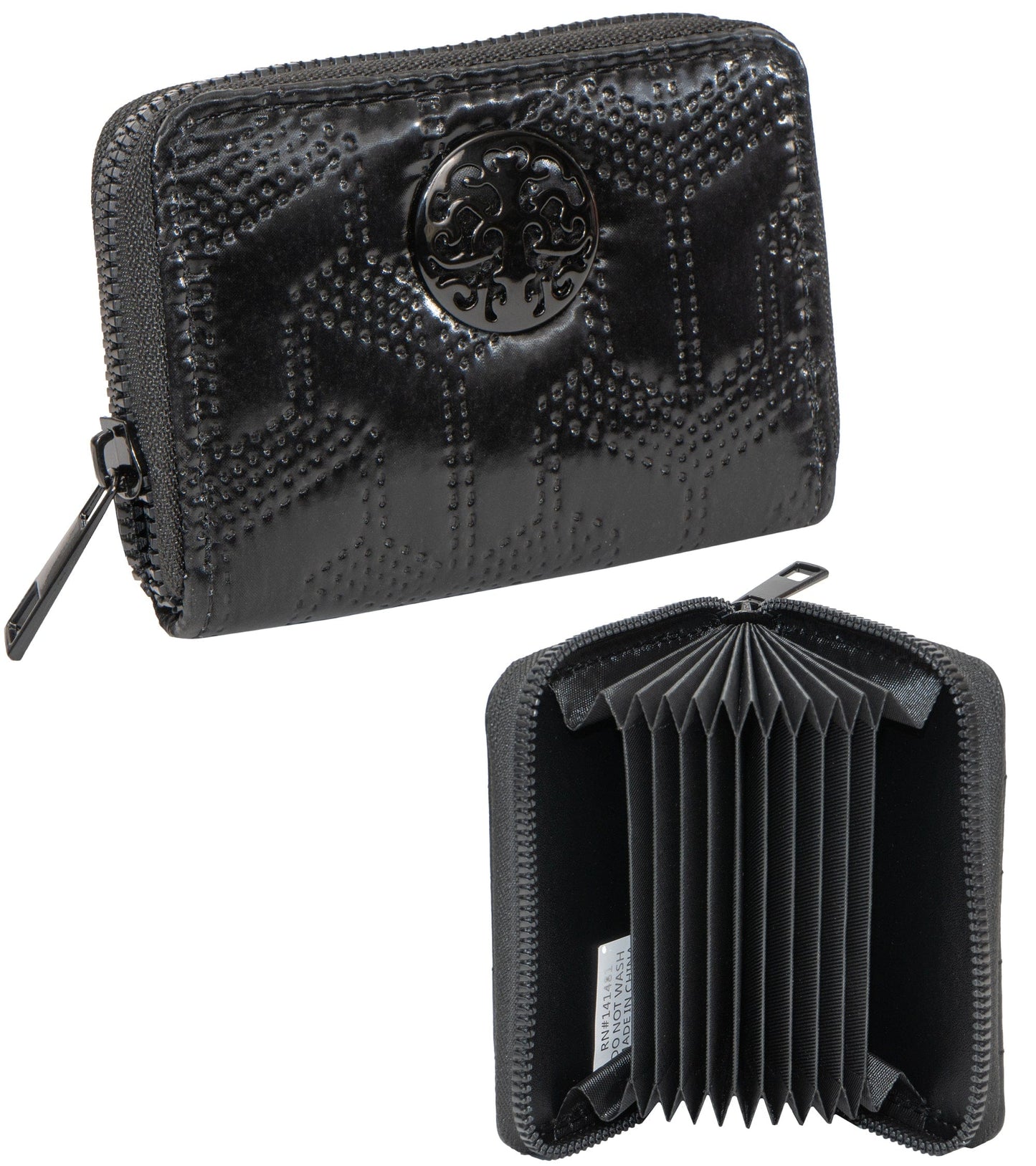 Rebecca & Rifka Patent Geometric Quilt Medallion Zip Accordion Wallet