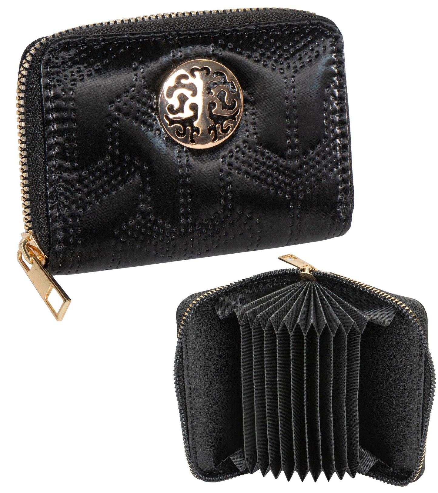 Rebecca & Rifka Patent Geometric Quilt Medallion Zip Accordion Wallet