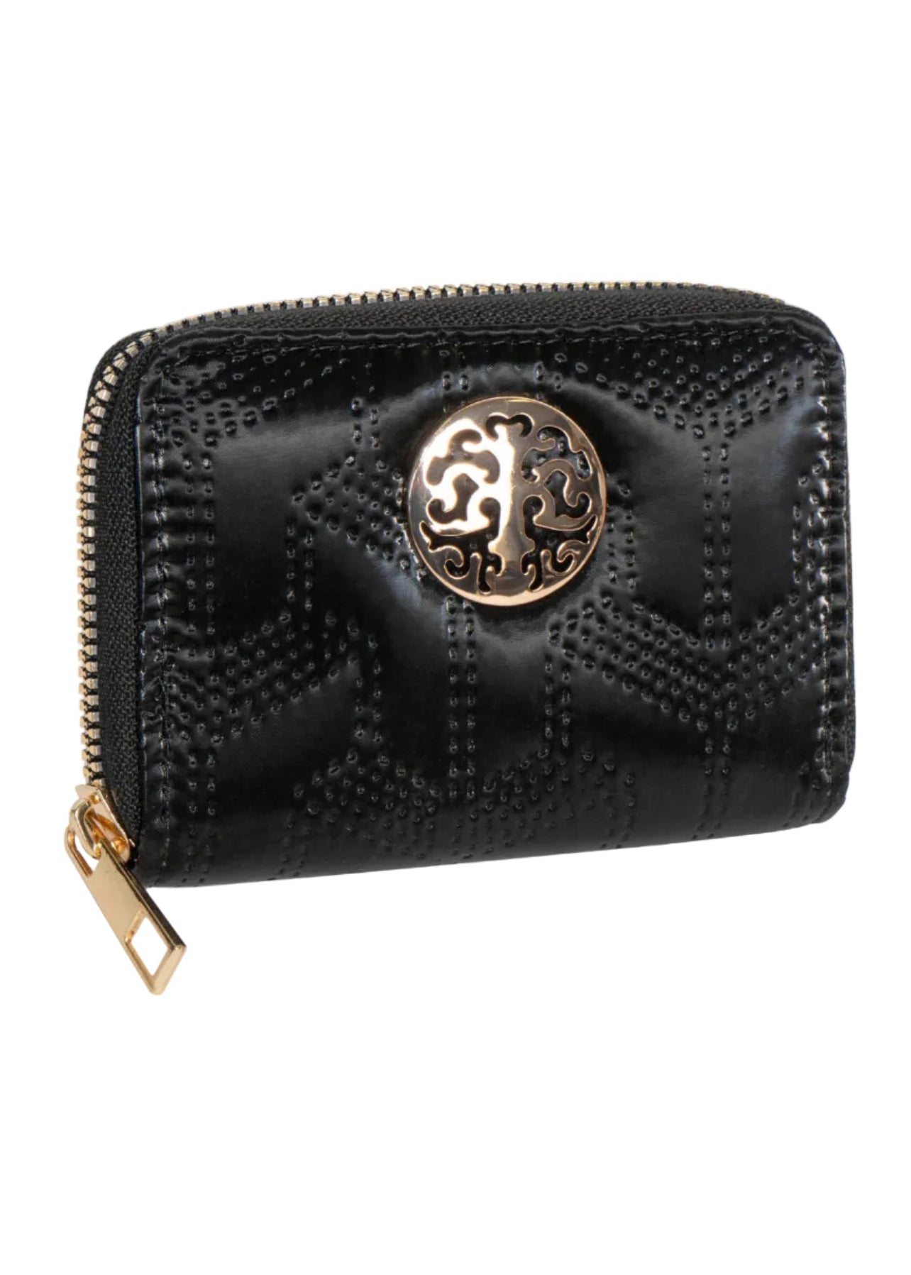 Rebecca & Rifka Patent Geometric Quilt Medallion Zip Accordion Wallet