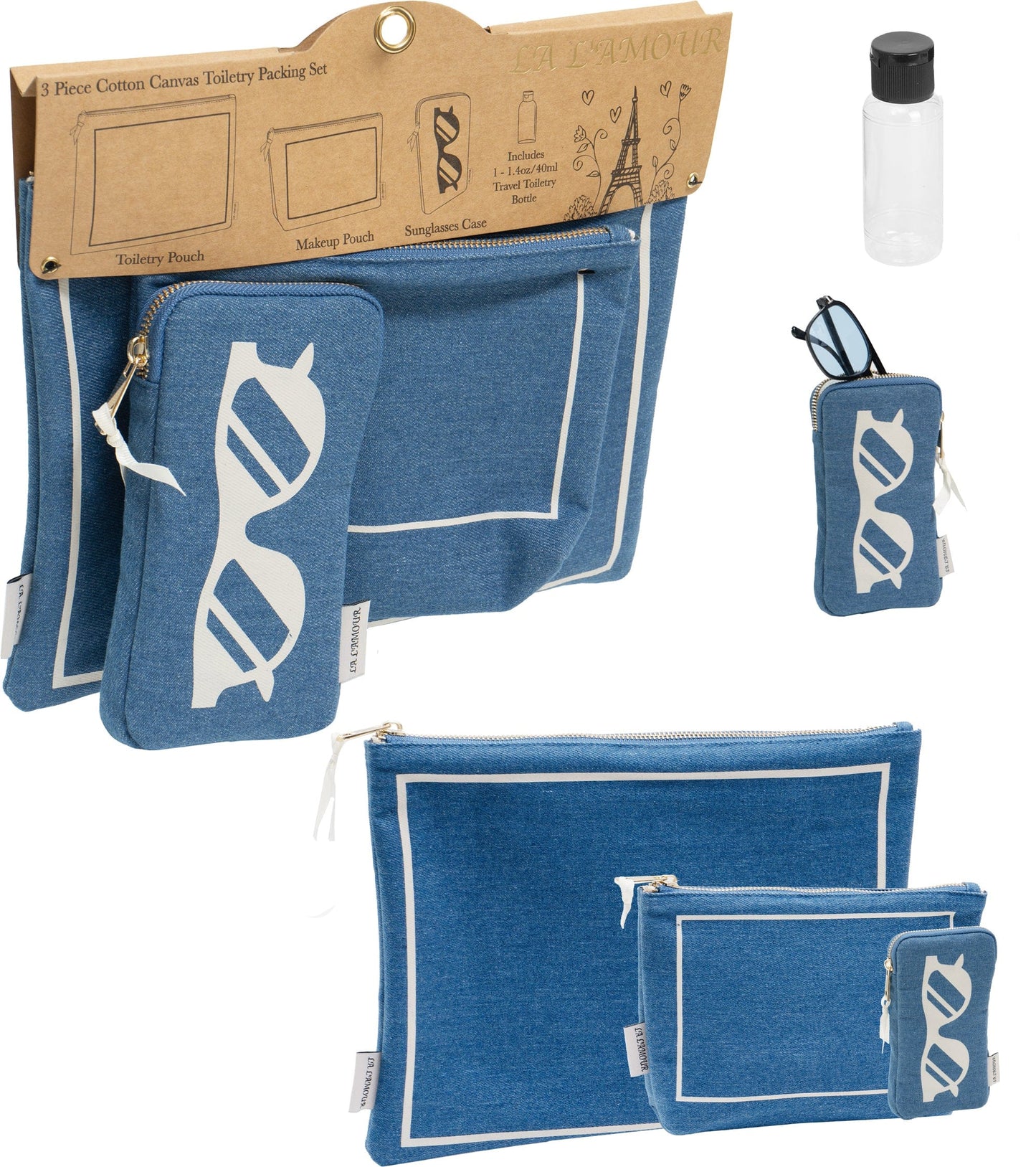 La L'Amour 16oz Cotton Canvas 3 Piece Toiletry Packing Set With Sunglasses Case
