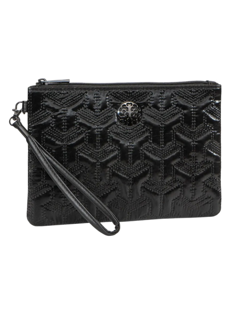 Rebecca & Rifka Patent Geometric Quilt Medallion Zip Wristlet