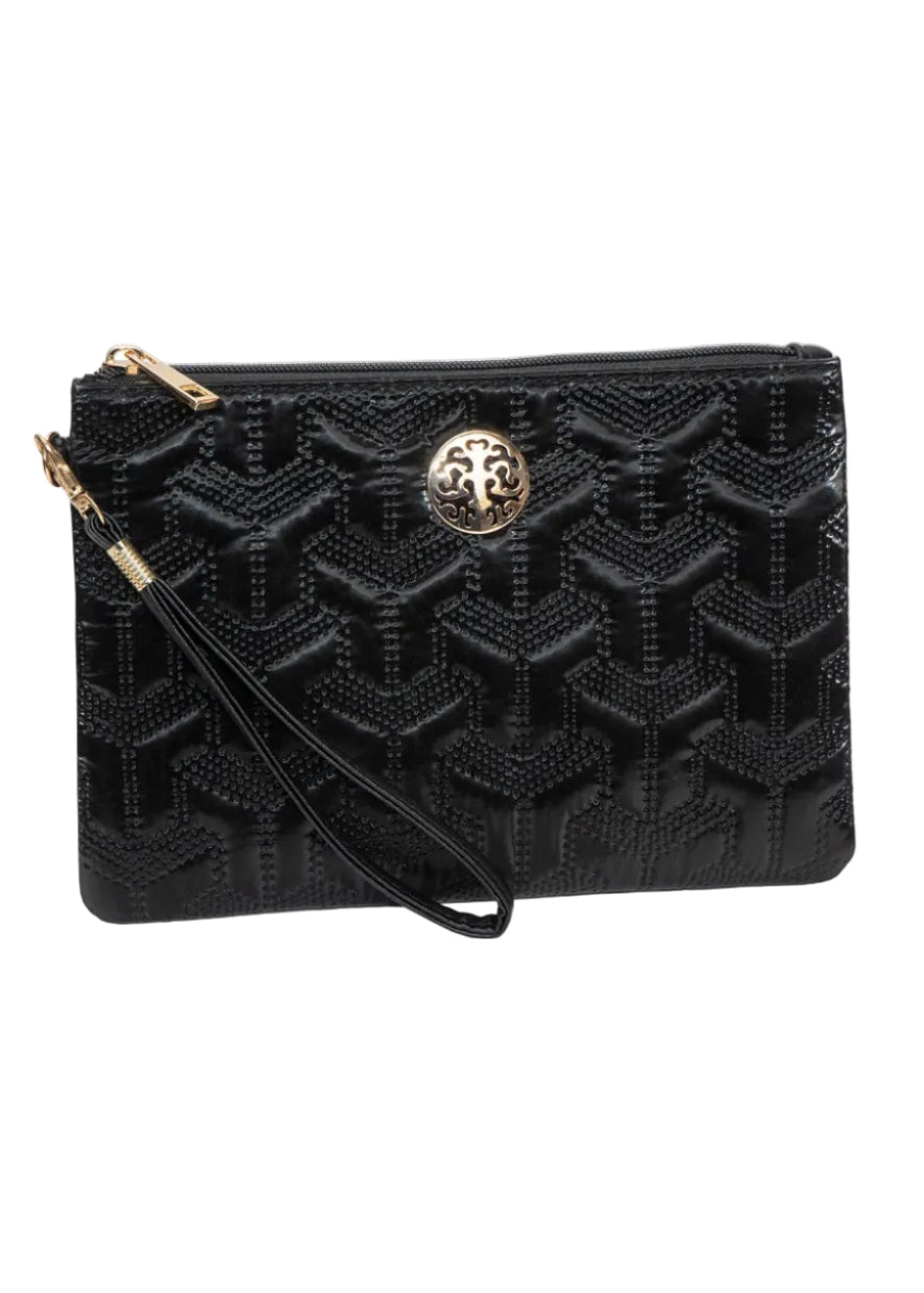 Rebecca & Rifka Patent Geometric Quilt Medallion Zip Wristlet